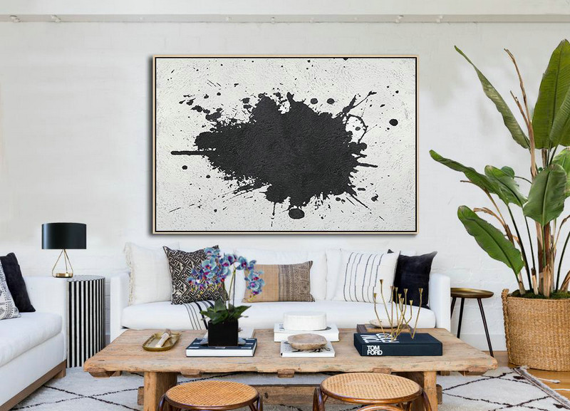 Modern Canvas Art,Oversized Horizontal Minimalist Splash Art On Canvas, Black And White Minimalist Painting - Hand-Painted Contemporary Art